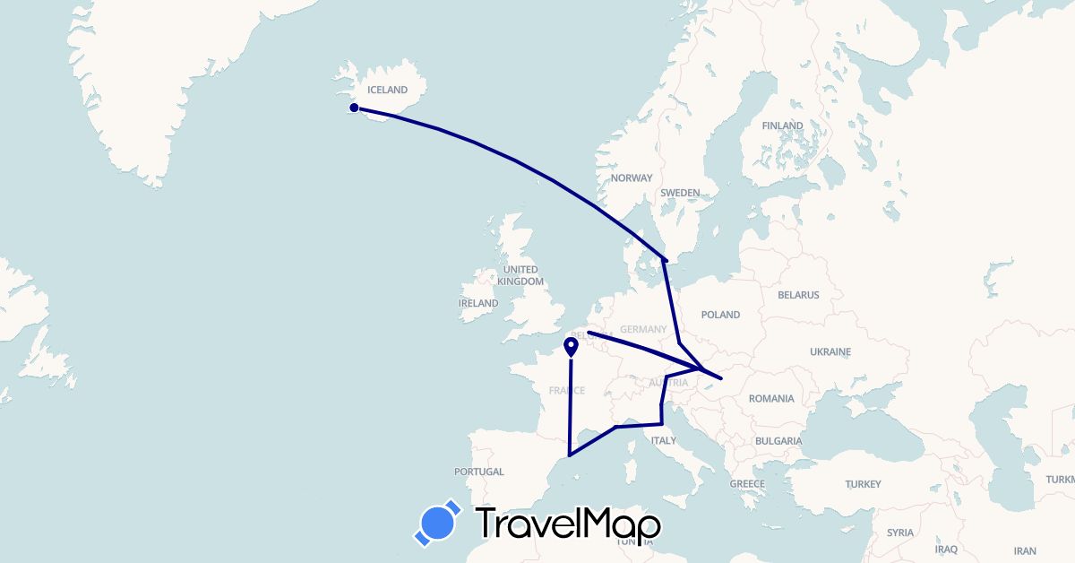 TravelMap itinerary: driving in Austria, Belgium, Czech Republic, Germany, Denmark, Spain, France, Hungary, Iceland, Italy, Monaco, Sweden, Slovakia, San Marino (Europe)